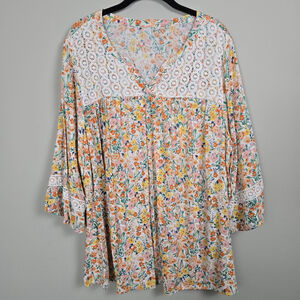 Croft & Barrow Womens Crochet Embroidered 3/4 Sleeve Top 2X Floral Cottagecore